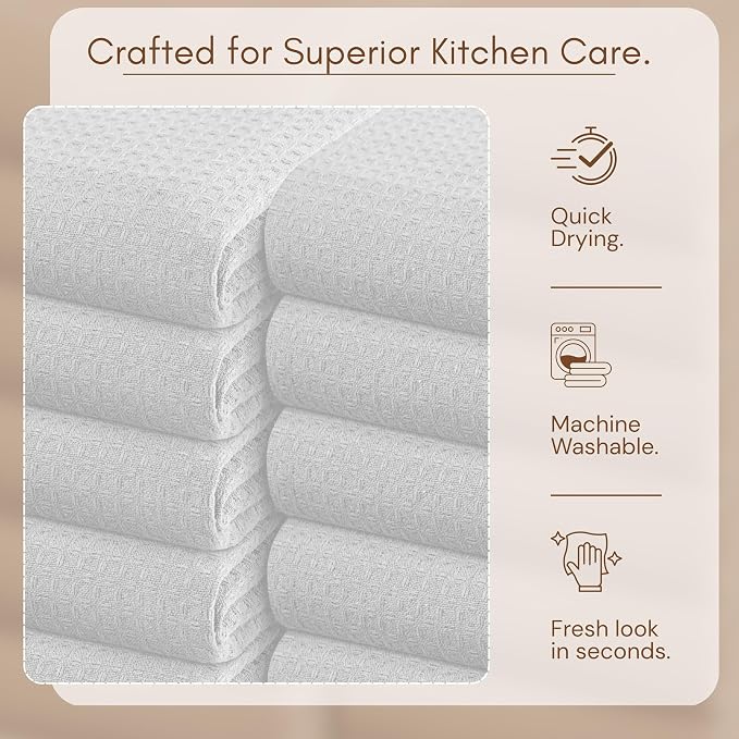 TWINY threads Waffle Kitchen Towel, Premium Large Kitchen Linen Set, 100% Cotton Dish Cloths, Absorbent Quick Drying Wash Rags for Drying Dishes, Reusable, Set of 6, 16x26 Inches, White