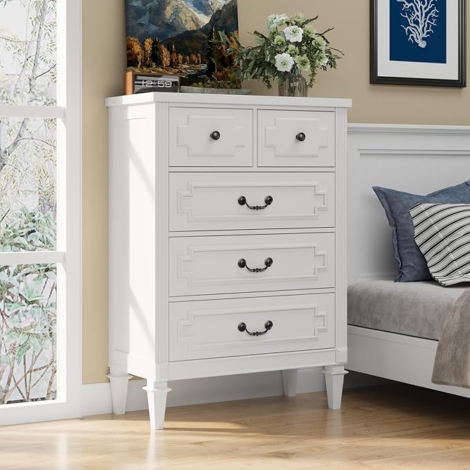 BLANKSPACE 5 Drawer Dresser for Bedroom, 44" Tall Dresser & Chest of Drawers wtih Vintage Surface, Closet Storage Cabinet for Living Room, Hallway, White