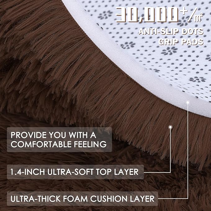 OLANLY Coffee Round Rugs for Bedroom - Machine Washable, 9 ft Circle Area Rugs for Living Room, Soft and Fluffy Shaggy Carpet for Teen Girls and Boys, Nursery Rooms, Dorms, Home Decor Aesthetic