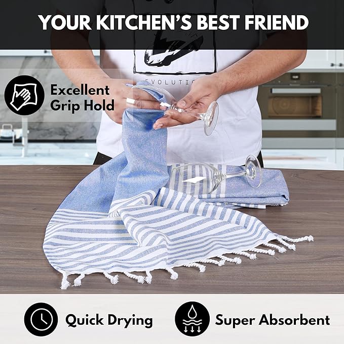 Turkish Kitchen Towels 18x26 Inches with Tassels - 4 Pack - Absorbent, Durable, Soft 100% Cotton Dish Towels for Drying & Cleaning - Machine Washable, Quick Dry - Indigo Blue