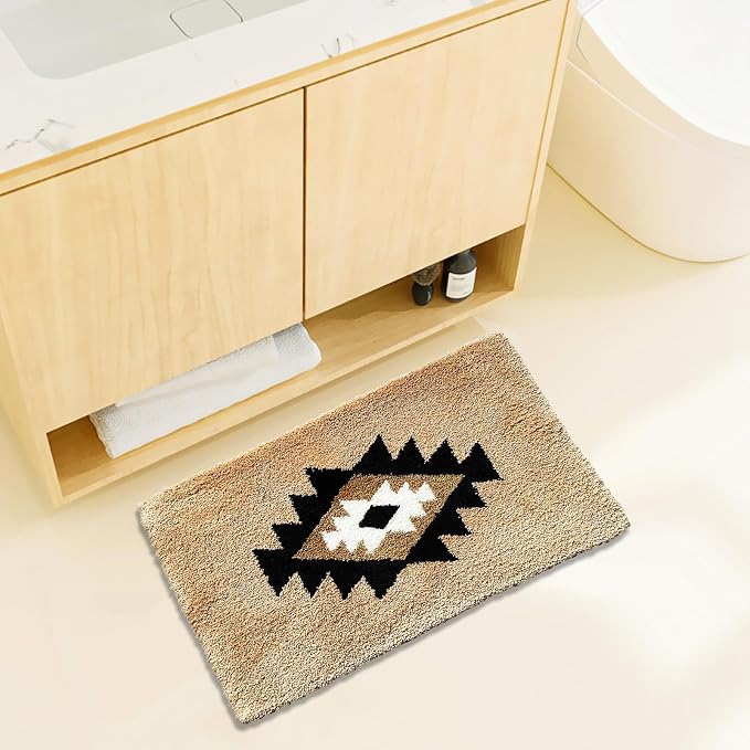 Boho Bath Mats Non Slip Geometric Bathroom Rugs Fluffy Soft Absorbent Bath Rug for Bathroom Shower Sink Home Entryway Bohemian Farmhouse Decor 30"×20", Camel