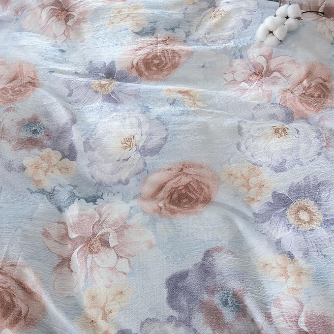 Queen Size Comforter Floral 3 Pieces Soft Chic Crinkle Gauze Fabric Peony Floral Print Lightweight Botanical Flower Comforter for All Seasons Luxury Warmth Comfy Breathable with 2 Pillowcases