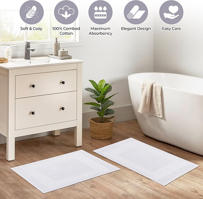 Superior Heavyweight Cotton Bath Mats, Bath Rugs For Bathroom Accessories, Washable Rug For Shower, Bath, Toilet, Modern Decor, No Backing, Luxury Hotel And Spa Quality, Set of 2, 22" x 35", White