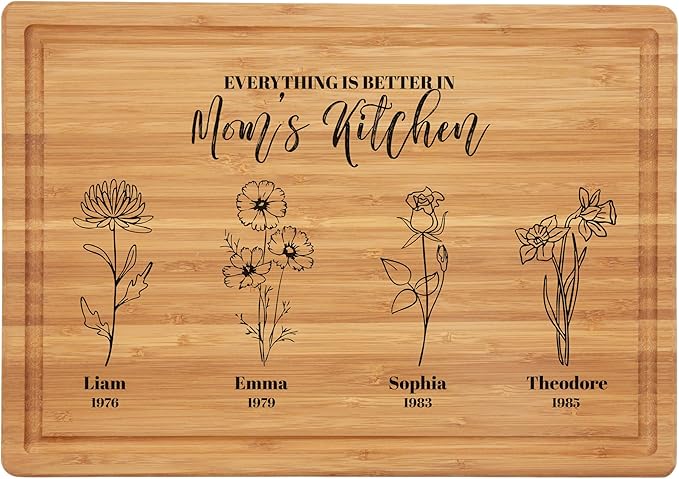 Personalized Birth Flower Cutting Board, Mom or Grandma, Custom Mom Gifts for Christmas, Mother’s Day, Birthday from Daughter, Son, Grandkids, Personalized Birth Month Flower Mothers Garden Gifts