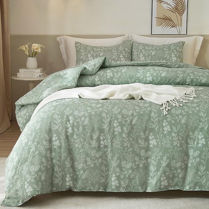 HighBuy Girl Floral Duvet Cover Twin Size Green Botanical Bedding Set with 2 Pillowcases Cozy Soft Cotton Comforter Cover Aesthetic Boho Duvet Cover Set