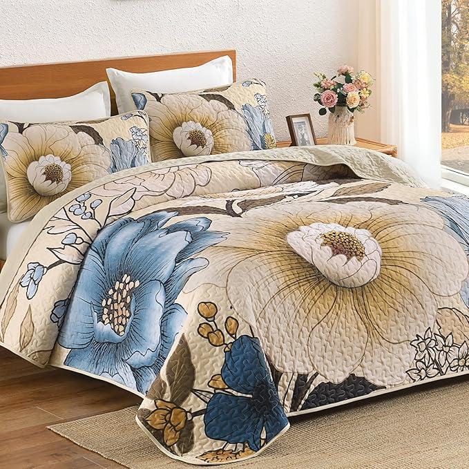Dintszyayue Khaki Quilt Set Queen,3 Pieces Beige Floral Bedspreads Lightweight Coverlet Set for All Seasons, Reversible Quilted Printed Bedding Set with 2 Pillow Shams