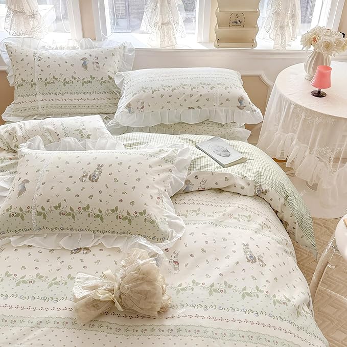 VM VOUGEMARKET Girls Flower Comforter Set Green Leaves with Cute Rabbit Comforter with 2 Pillow Shams Romantic Ruffle Down Comforter Set(3pcs,Queen)