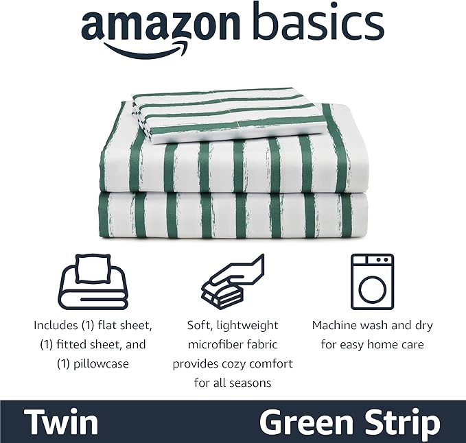 Amazon Basics Kid's Soft Easy-Wash Lightweight Microfiber 3-Piece Sheet Set, Twin, Green Stripes