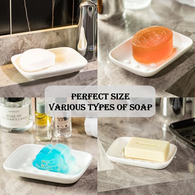 Miamolo Soap Dish, Ceramic Soap Holder Shower Soap Dish for Bar Soap Sponge, Soap Saver Tray for Bathroom Kitchen Sink, White