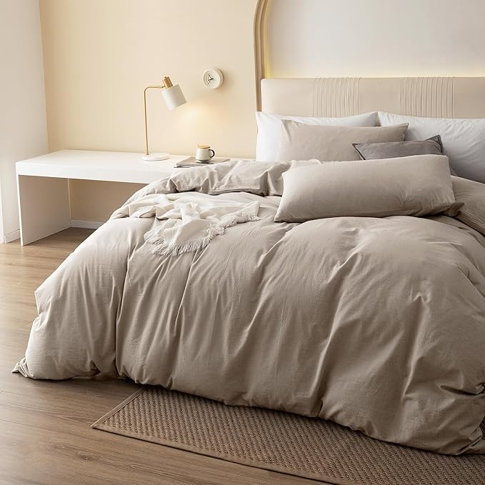 JIYUAN 100% Washed Cotton Duvet Cover Set 3 Pieces Full, 1 Duvet Cover 80x90 Inches (Comforter Not Included) and 2 Pillowcases,Linen Feel Bedding Set Comfy and Breathable, Heathered Tannish Linen Grey