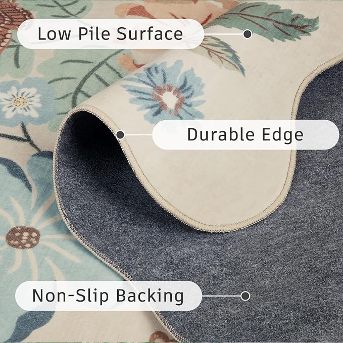 DCX Beige Floral Rug 5x7, Washable Beige Rug for Living Room, Kid & Pet Friendly with Rubber Back Non Slip, Soft Low Pile Carpet, Stain Resistant Rug for Bedroom, Nursery, Dining Room