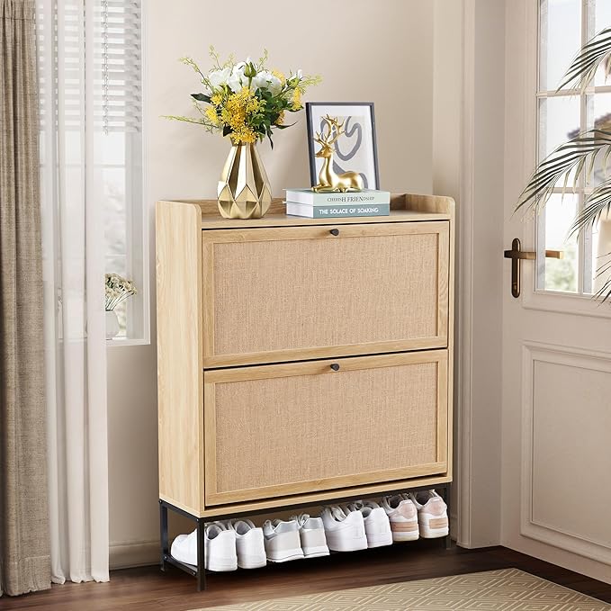 LEVNARY Shoe Cabinet Set of 2, Wooden Narrow Shoe Racks Cabinet Storage with 2 Flip Drawers, Hidden Freestanding Shoe Organizer for Hallway, Entryway, Home (2, Natural Oak)