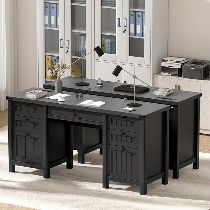 Executive Desk, Modern Farmhouse Computer Desk with Drawers & Cabinet, Home Office Desk for Work Study Writing Workspace (Black, 62")
