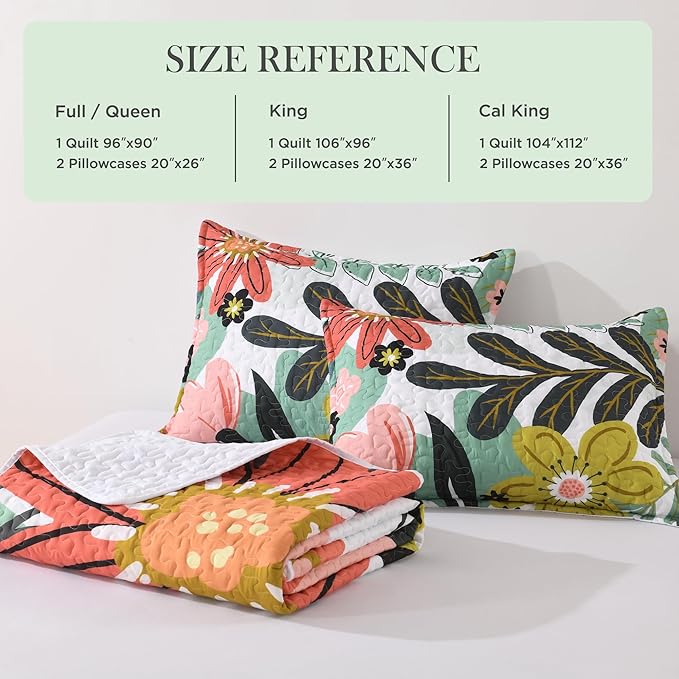 Andency Floral Boho Queen Quilt Bedding Set Green, 3 Pieces Farmhouse Flower Botanical Summer Bedspreads with 2 Shams, Soft Reversible Lightweight Microfiber Coverlet Set for All Season, 90"x96"