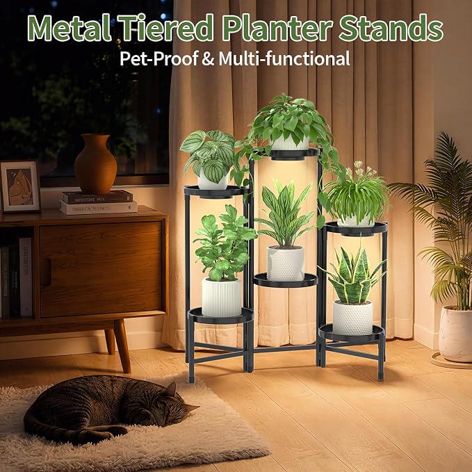 LASZOLA 6 Tier Large Plant Stand Indoor Tall with Grow Lights, Corner Folding Flower Display Rack with 10 Inch Metal Tray, Modern Plant Holder Shelf for Outdoor Patio Porch Garden Living Room, Black