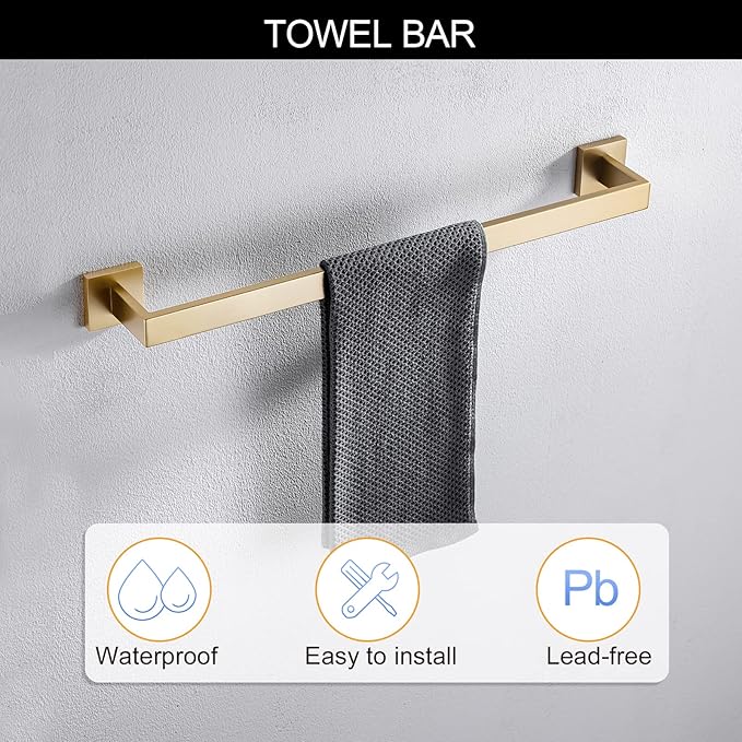 Brushed Gold Towel Bar Set Bathroom Hardware Set, 5 Pieces Gold Bathroom Accessories Set Stainless Steel Wall Mounted Towel Holder for Bathroom 23.6in
