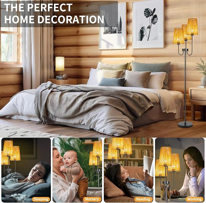 3 Lights Boho Floor Lamp for Living Room, Farmhouse Standing Lamp with Rattan Shades and Bulbs, Adjustable Color Temperature, 65" Rustic Tree Tall Lamps for Bedroom,Office, ON/Off Foot Switch