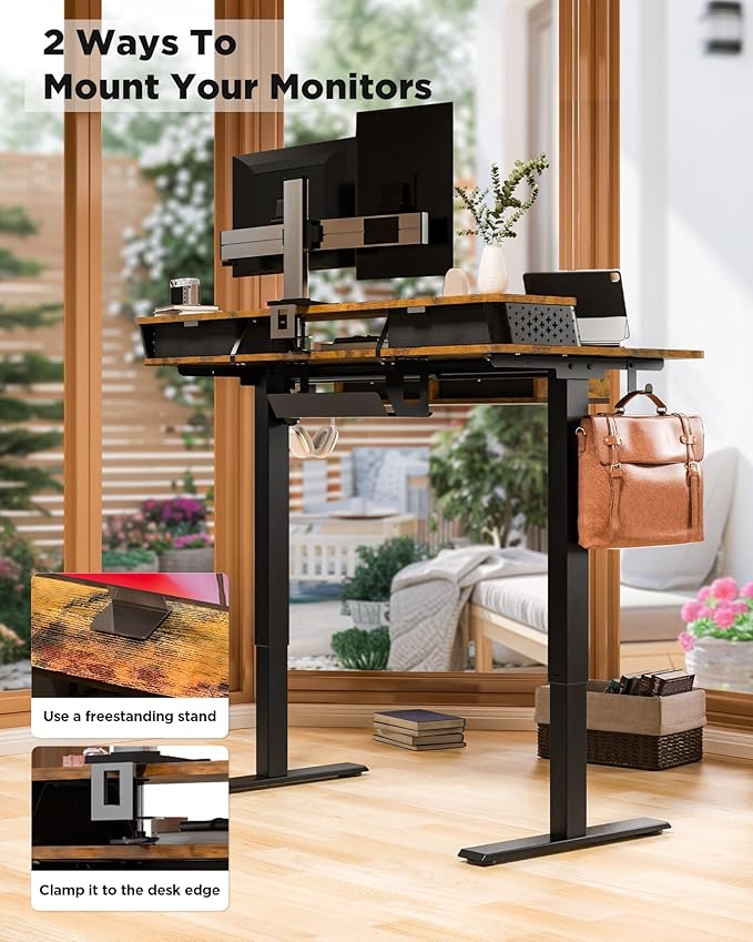 FiCiHi Adjustable Height Standing Desk with 4 Drawers,55 x 24 inches Electric Sit Stand Home Office Desk with Two Tiers, 3 Memory Presets, Monitor Stand Riser, C-Clamp Mount Compatible