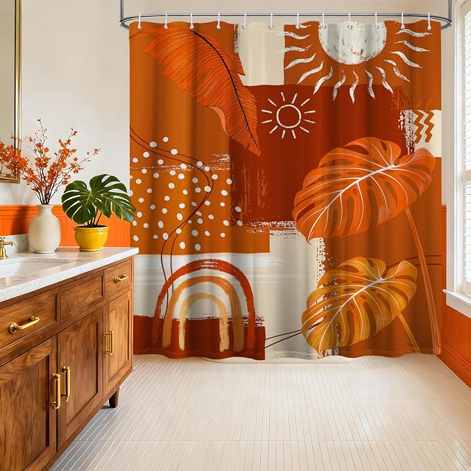 Burnt Orange Mid Century Modern Shower Curtain Bohemian Abstract Leaf Shower Curtains for Bathroom Decor Sets, Waterproof Cloth Fabric with Hooks, 72x84 Inch
