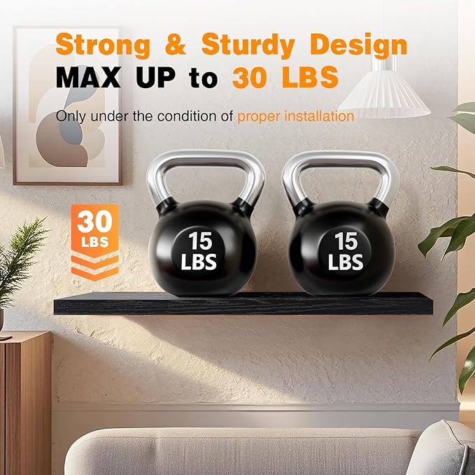 BAYKA Floating Shelves for Wall, Set of 2, 35.4 inches Long Wall Mounted Rustic Wood Shelves for Bathroom, Bedroom, Living Room, Kitchen, Office, Hanging Shelf for Books/Storage/Decor, Black