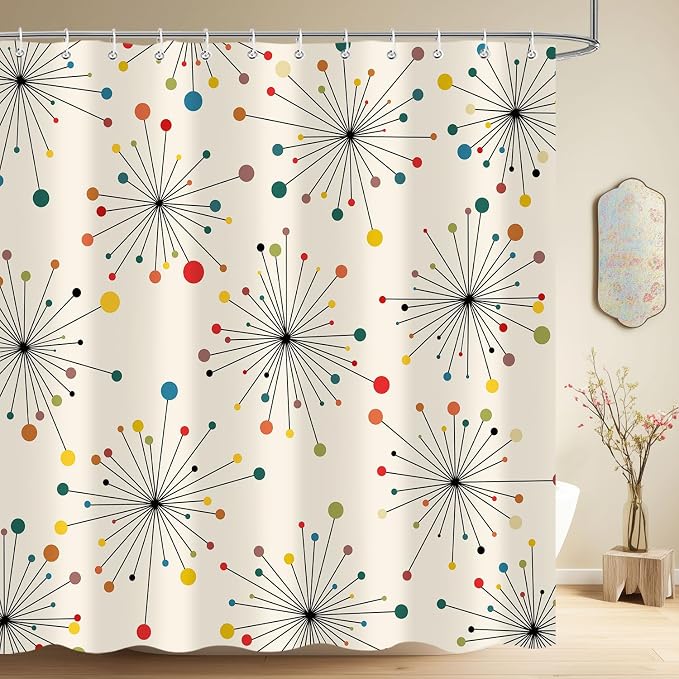 Mid Century Modern Shower Curtain, Vintage Geometric Atomic Abstract Retro Style Beige Boho Art Aesthetic Design Bath Curtains for Bathroom Decor with Hooks, 72"x72" Inch
