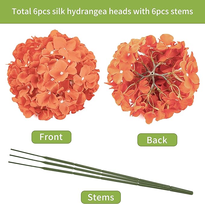 DuHouse Silk Hydrangea Artificial Flower Heads with Stems Fake Hydrangeas Flowers for DIY Wedding Centerpiece Home Decor,Pack of 6(Burnt Orange)