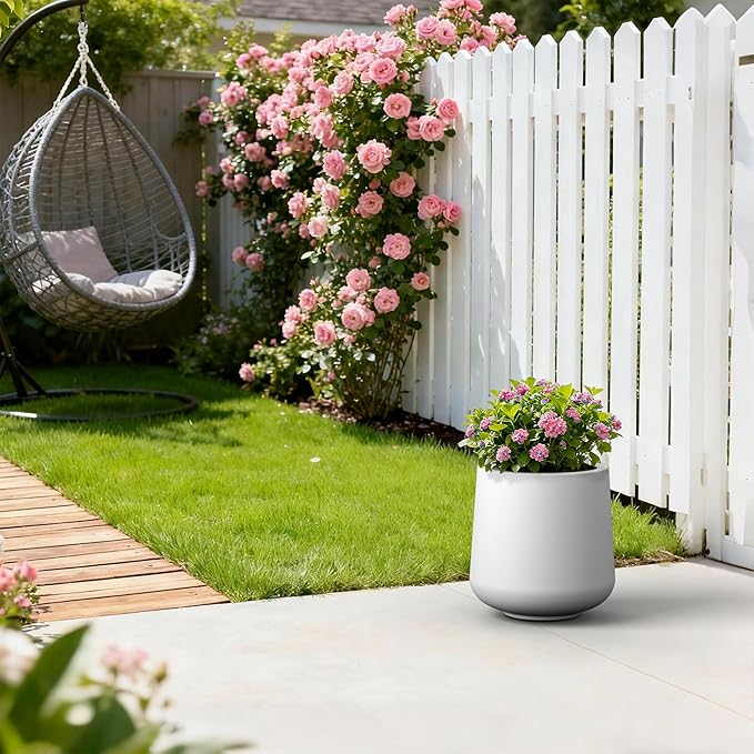 Kante 11.6" Dia Round Concrete Planter, Outdoor Indoor Large Plant Pots Containers with Drainage Hole and Rubber Plug for Home Garden Patio, Pure White