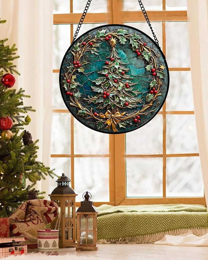Stained Glass Window Hangings - Red Gold Green Wreath Suncatcher for Door Home Christmas Tree Decoration Sun Catcher Thanksgiving New Year Birthday Gift for Women Men Mom Grandma 9.8 in