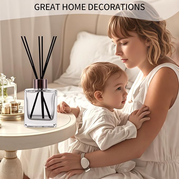 6 Pack Perfume Reed Diffuser Bottle,Empty Square Essential Oil Bottles Glass Jar with Black Sticks for DIY Fragrance Replacement Diffuser Sets (200ml/6.8 oz, Transparent Color)