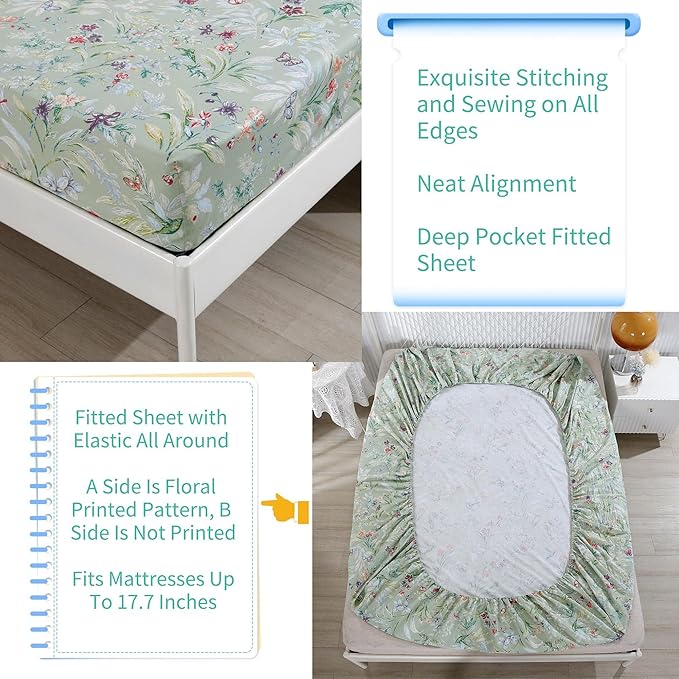 RYNGHIPY Shabby Flowers Print Bed Sheet Collections Egyptian Cotton Garden Floral Sheets (Green Floral,King Size)