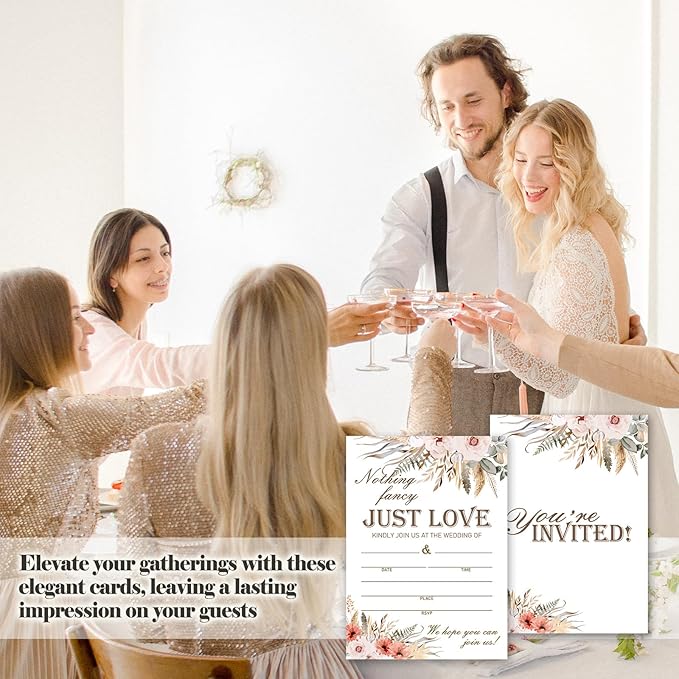 Boho Pampas Grass Wedding Invitations, 5"x 7" Nothing Fancy Just Love Wedding Invites Cards With Envelopes, 25 PCS for Party Decorations and Supplies - A03