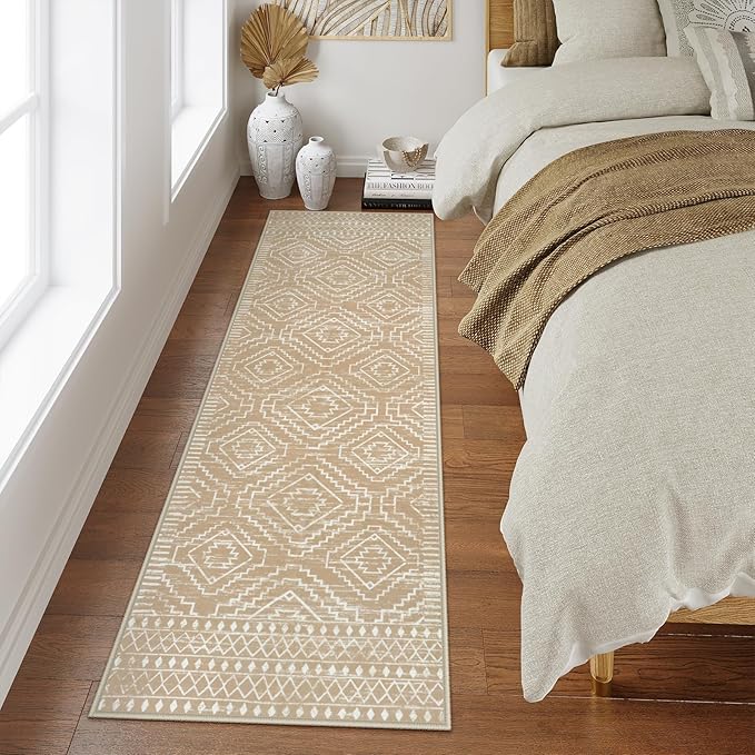 Wonnitar Washable Kitchen Runner Rug 2x6, Moroccan Runners for Hallway, Non Slip Bohemian Soft Bathroom Throw Mat Geometric Carpet Runner for Laundry Entryway Bedroom (Kakhi,2'x6')