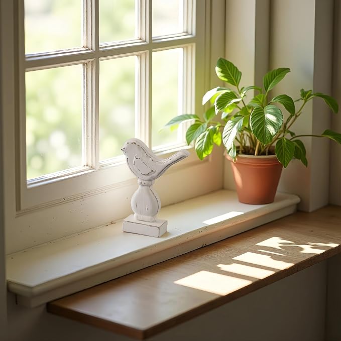 Farmhouse Small Bird Figurines Home Decor for Shelf 6 X 8 Inch, Handmade Distressed White Wooden Decorative Birds Statue Table Decorations for Foyer Dining Room Living Room Bedroom
