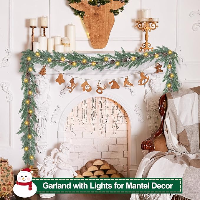 Artgar Christmas Cedar Garland, 6 Ft Realistic Pine Garland, Prelit Christmas Garland with 30 Warm Lights with 8 Light Modes for Mantels Stair Table Indoor Outdoor Winter Xmas Decor (White-Green)