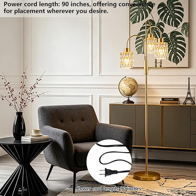 70" Glass Floor Lamp, 3-Light Gold Dimmable Standing Tall Lamp with Amber Ribbed Glass Shades &3PCS 3000K Warm White Bulbs, Modern Tree Pole Lamp for Living Room Bedroom Home Decor