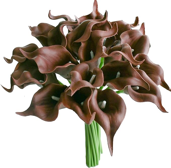 Mandy's PU Brown Calla Lily Artificial Flowers 20 Stems 13.5in Faux Realistic Centerpiece for Thanksgiving and Christmas Decorations DIY Bridal Bouquet Home Décor