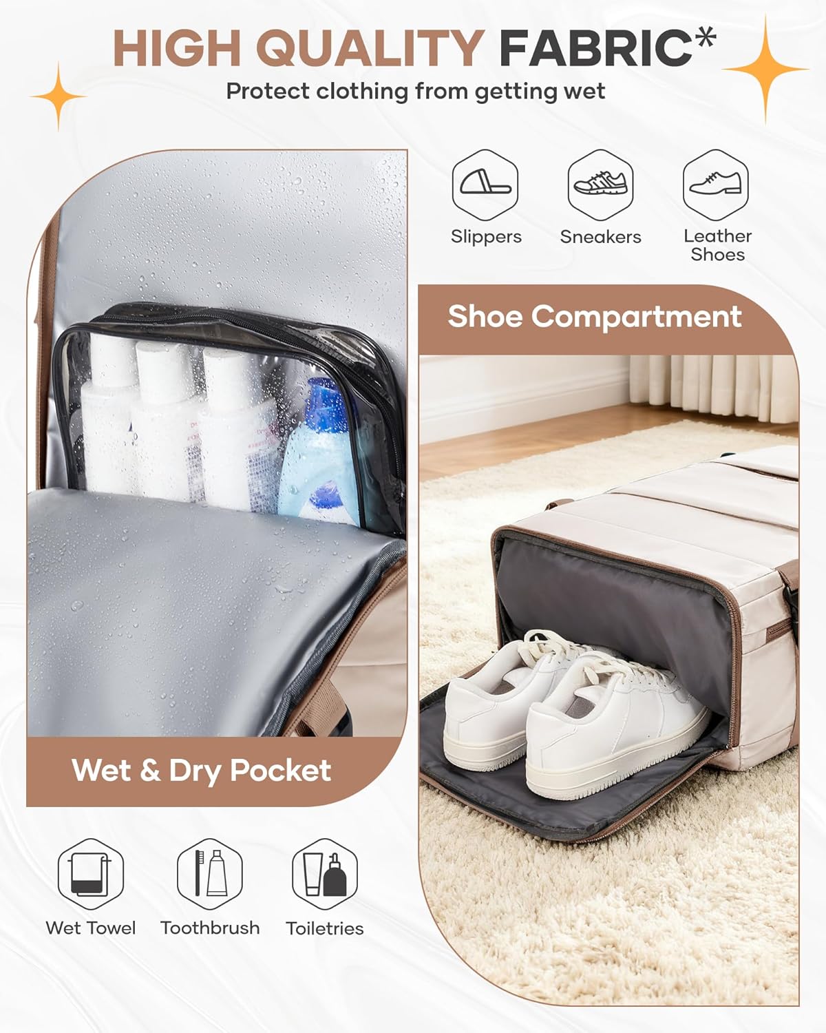 Skiennix Travel Backpack - Flight Approved Personal Item Bag for Airlines | Large Beige & Brown Design