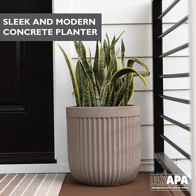Ilyapa 14x14 inch Fluted Large Modern Concrete Outdoor Planter, Large Indoor Plant Pot with Drainage - 14 Inch Pots for Plants, Indoor/Outdoor