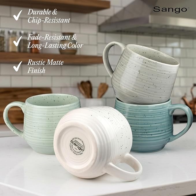 Sango Siterra Artist's Blend 17 oz. Stoneware Mug Set- Service for 4, Rustic Design, Green/White/Beige, Scratch-Resistant, Microwave & Dishwasher Safe, for Everyday Dining & Entertainment