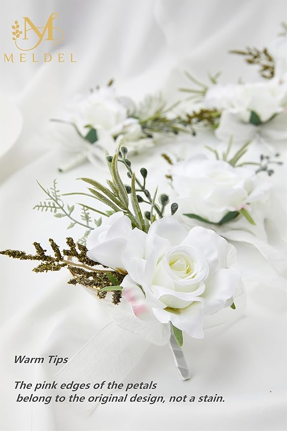 Meldel Boutonniere for Men Wedding, Set of 6, Elegant Artificial White Rose Boutonniere for Wedding Prom Homecoming Party, Perfect Accessories for Groom Best Man