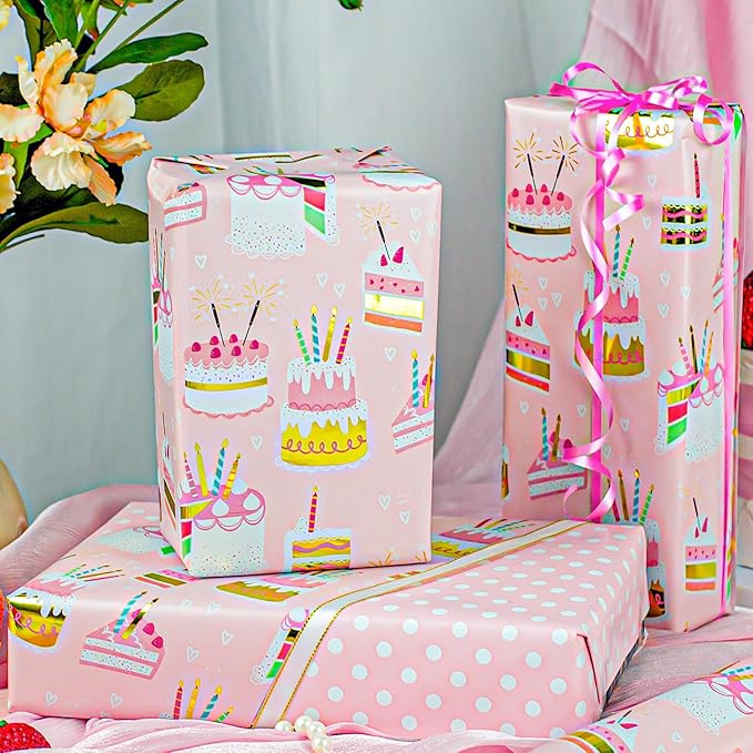 Homeral Pink Birthday Wrapping Paper Roll - 17 In x 33 Ft (46.5 sqft) Gift Wrap with Metallic Foil Cakes, Colorful Candles and Polka Dot Pattern for Girls Birthday, Baby Shower, Party, Valentines Day