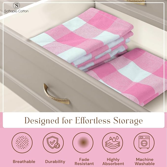 Buffalo Check 4 Pack Kitchen Towels, 16"x26", Plaid Dish Towels, 100% Cotton, Absorbent, Washable, Everyday Kitchen Essentials, Soft Cloths for Cleaning, Drying Hands, Pink White