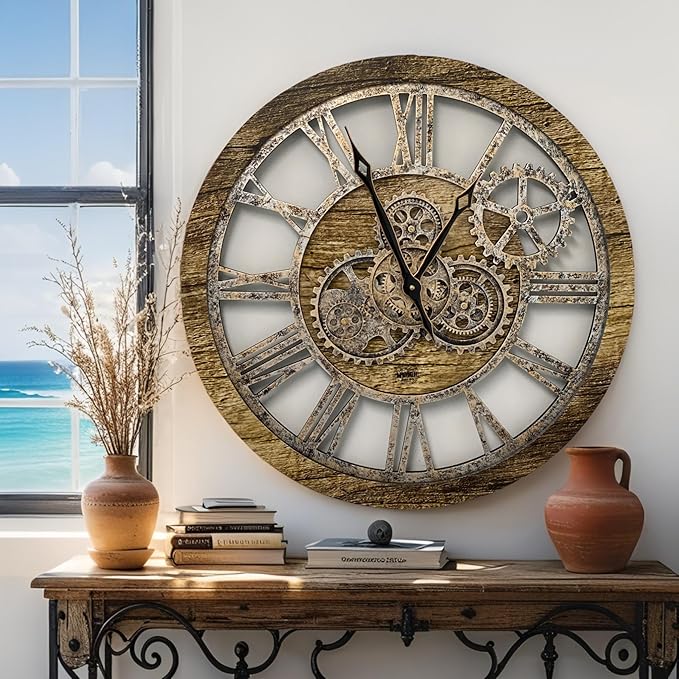 ImprovingLife The Gears Clock The Original Real Moving Gear Wall Clock Vintage Industrial Oversized Rustic Farmhouse (24 inch (60cm),Gold Antique)