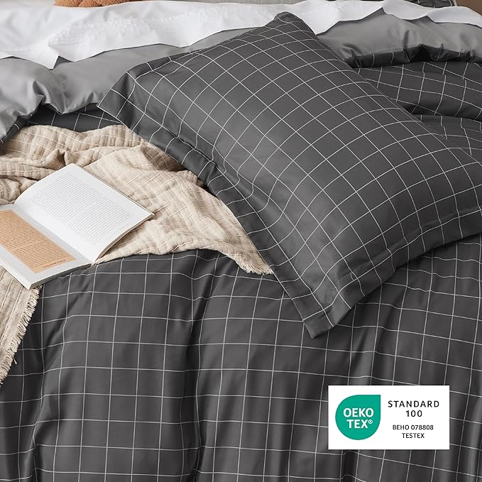 Bedsure Duvet Cover Twin Size - Reversible Plaid Duvet Cover Set with Zipper Closure, 2 Pieces Dark Grey Bedding Set with 8 Corner Ties and 1 Pillow Sham 20"x26"