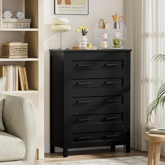 JUMMICO Black Dresser Tall for Bedroom,Wooden 5 Drawer Dresser for Nursery,Chest of Drawers for Bedroom, Closet Storage Organizer for Living Room, Hallway, Closet