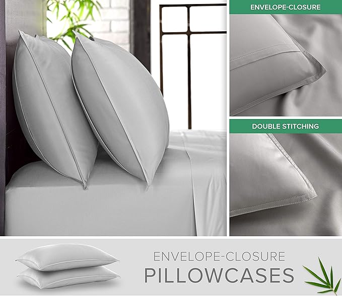 Pure Bamboo Queen Sheets, Genuine 100% Organic Viscose Derived from Bamboo Bed Sheet Set, Luxuriously Soft & Cooling, Double Stitching, 2 Year Quality Promise (Queen, Silver Pearl)
