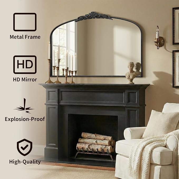 Micasso Large Vintage Black Mirror: 48"x33" French Baroque Antique Arched Mirror - Traditional Ornate Decorative for Wall/Fireplace/Mantel/Entryway/Bathroom/Hallway - Home Decor for Living Room