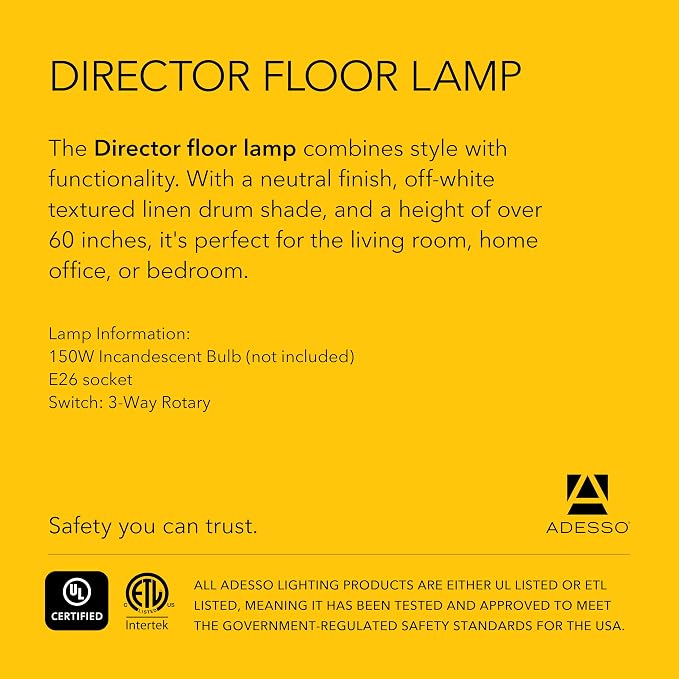 Adesso Floor Lamp with Natural Oak Veneer and Off-White Fabric Lampshade – 3-Way Adjustable Brightness, Lamp for Bedroom, Living Room, and House Décor, 60.25” x 21”