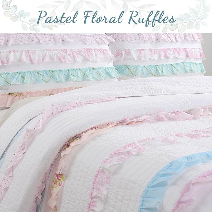 Cozy Line Home Fashions 100% Cotton Chic Ruffle Light Lavender Orchid Blue Flower Print Stripe Bedding Quilt Set, Reversible Coverlet, Bedspread (Chic Ruffle, Queen)