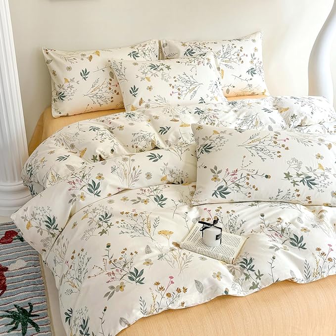 HighBuy Floral Duvet Cover Queen Boho Cozy Cotton Aesthetic Coquette Bedding Set Queen Yellow Flower Botanical French Style Comforter Cover with Zipper Soft Lightweight Duvet Cover Set for Queen Bed